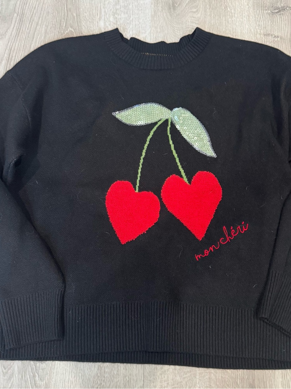 EUC Calligraphie | Black Sweater with Red Cherry Heart Appliqué l Size M